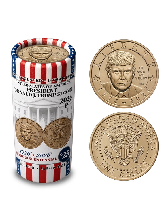 Collectible President Donald J. Trump 2026 $1 Coin Roll • Classic Vertical Design • 25 Brilliant Uncirculated Coins • Limited Edition of 5,000