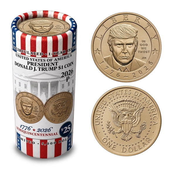 President Donald J. Trump 2026 $1 Coin Roll • Classic Vertical Design • 25 Brilliant Uncirculated Coins • Limited Edition of 5,000