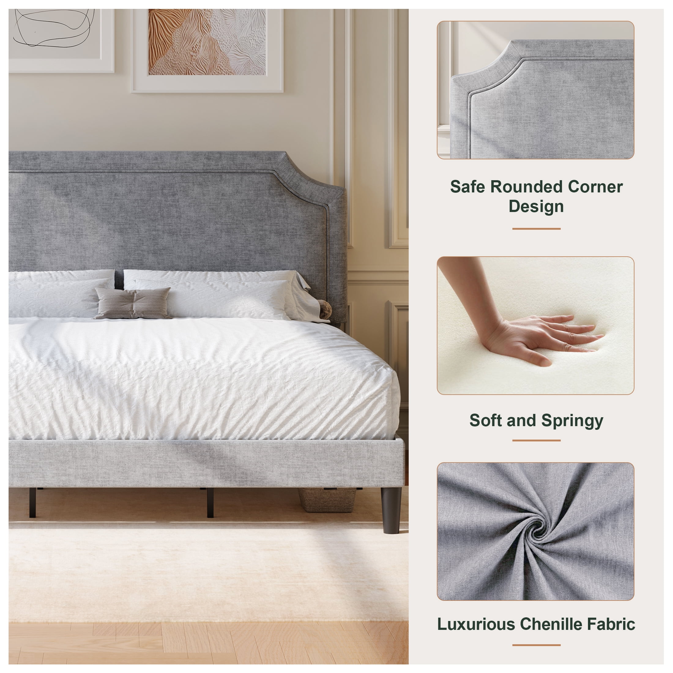 Amolife King Bed Frame, Upholstered Platform Bed with Streamlined Adjustable Headboard, No Box Spring Required, Grey, Chenille Fabric