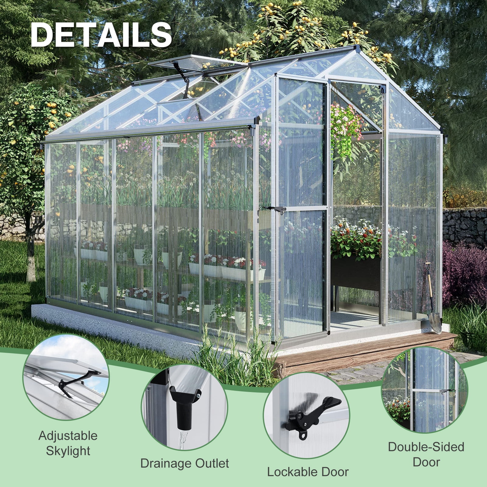 Aoodor 6' x 10' Outdoor Greenhouse, Walk-in Polycarbonate Greenhouse with Aluminum Frame for Outside Backyard, Silver