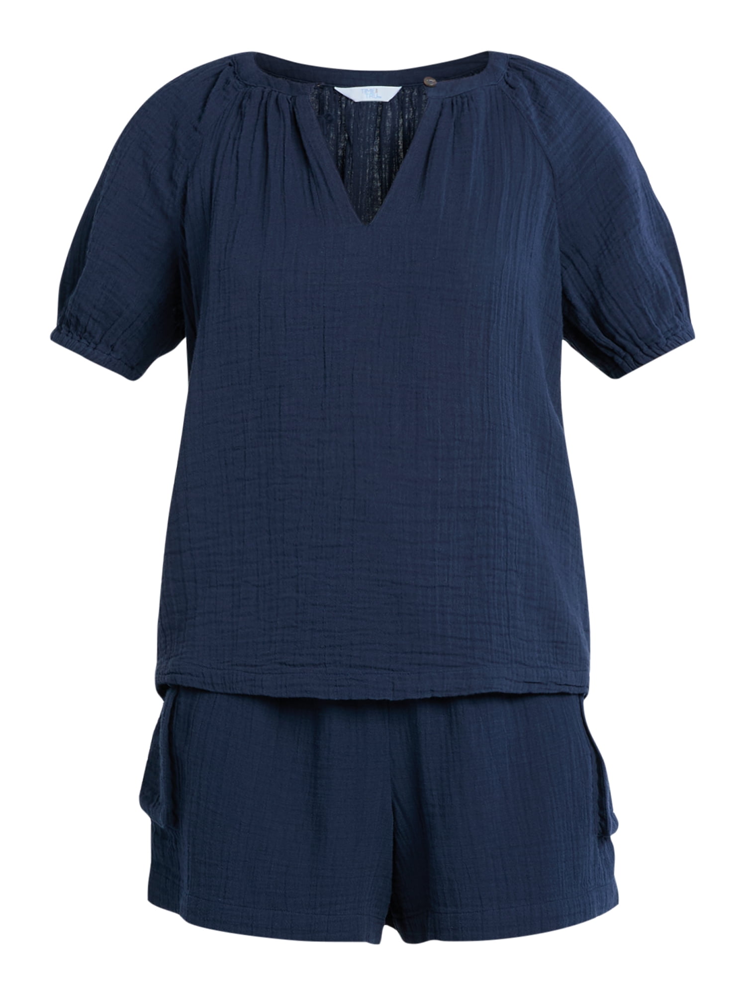 Time and Tru Women's Double Cloth Cotton Top with Short Sleeves, Sizes XS-XXXL