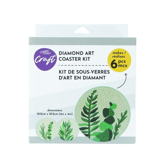 UNIQUE CREATIV CRAFT Diamond Art Coaster Kit – Leaves, 6 pcs, Age 8+, Beginner, 10.2 cm