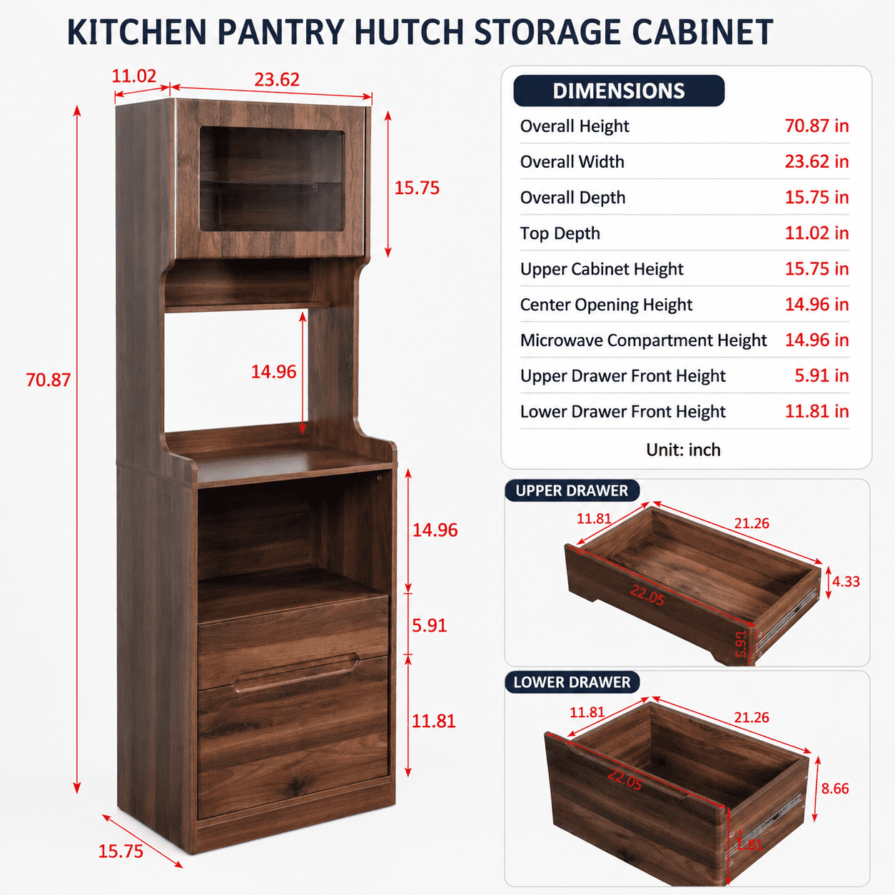 Aukfa 71" Tall Pantry Cabinet with Pull-Out Drawer, Walnut Kitchen Hutch W/Lift-up door Farmhouse Buffet Sideboard