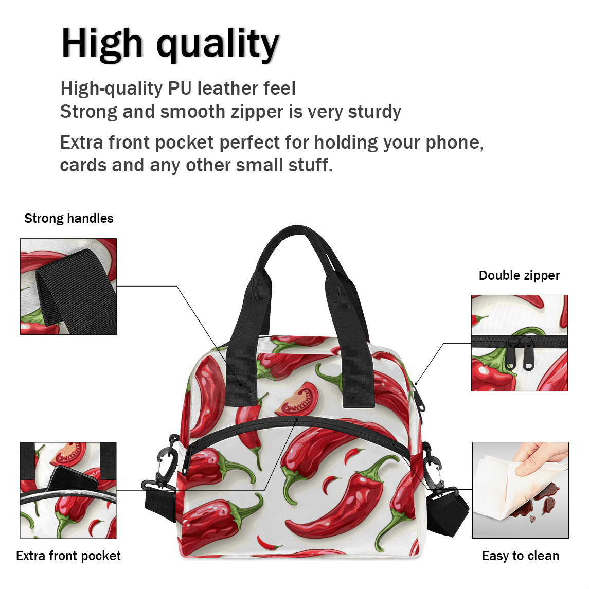 Herdesigns Chili Pepper Insulated Lunch Bag for Women Men Adults Large Reusable Lunch Box Red Chili Leakproof Cooler Tote Bags with Adjustable Shoulder Strap