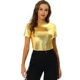 thumbnail image 1 of INSPIRE CHIC Women's Party Metallic Textured Short Sleeve Shiny Multi Color Top Shiny Gold S, 1 of 4