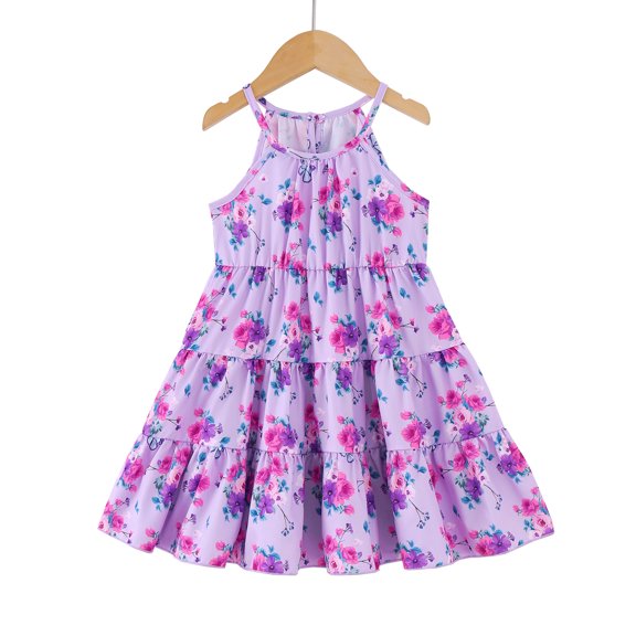 4T Baby Girls Dress 5T Girls Sleeveless Dress Flower Print Toddler Girls Summer Halter Floral Dress Purple