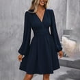 thumbnail image 6 of Efsteb Mini Dresses for Women Formal V Neck Lantern Long Sleeve Ruched Waist Dress High Waisted Casual Cocktail Dress (Dark Blue,S), 6 of 8