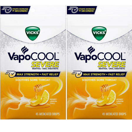 Vicks VapoCOOL Severe Medicated Throat Drops Max Strength Winter Honey Lemon Chill Flavor 2 Bags,(90 Medicated Drops)