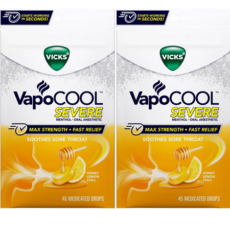 Vicks VapoCOOL Severe Medicated Throat Drops Max Strength Winter Honey Lemon Chill Flavor 2 Bags,(90 Medicated Drops)