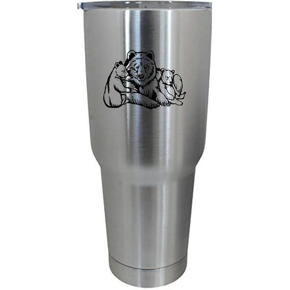 Grizzly Bear with Cubs Zoo Animal Themed Etched 30oz Stainless Steel Tumbler