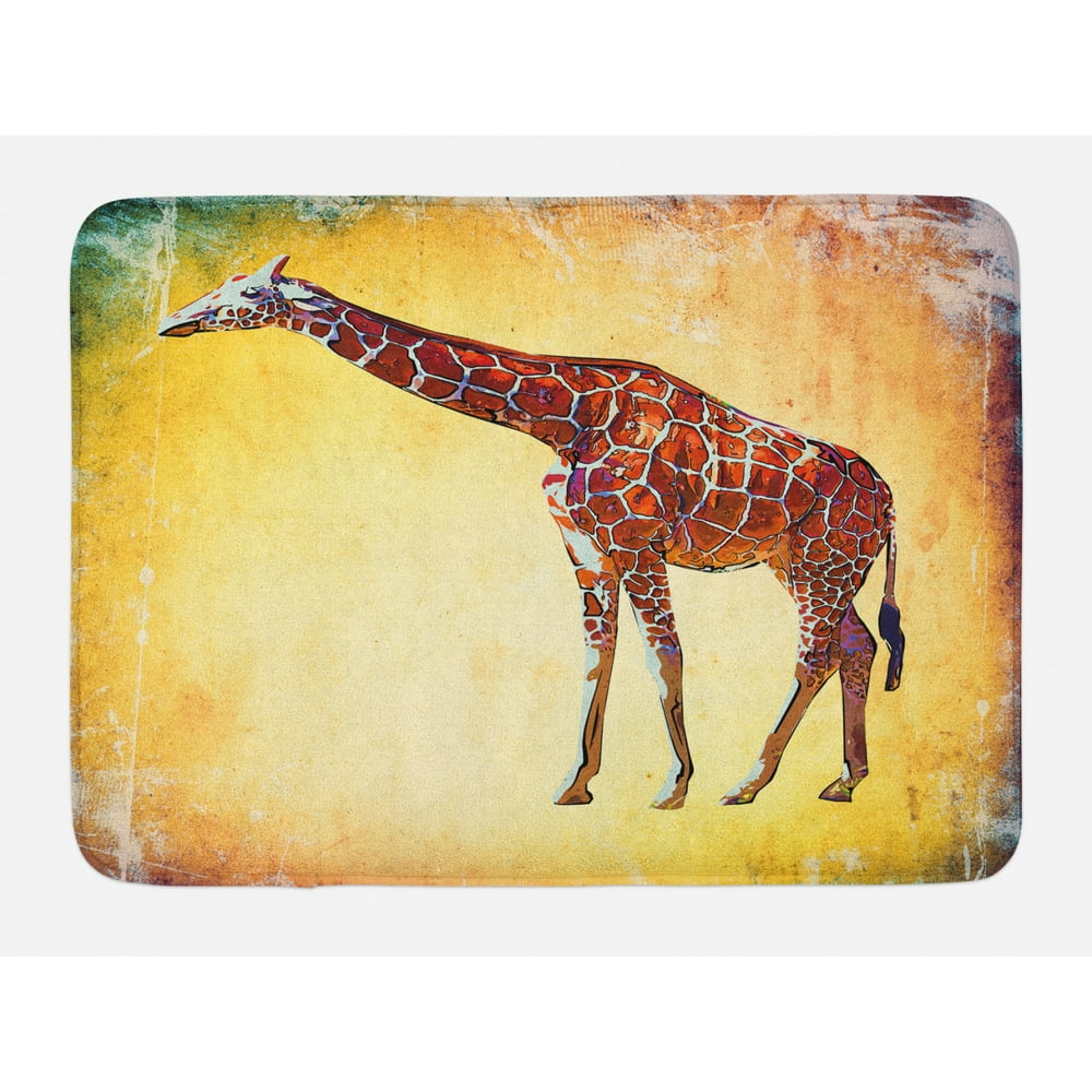 Giraffe Bath Mat, Vintage Style Illustration Watercolor African Animal ...