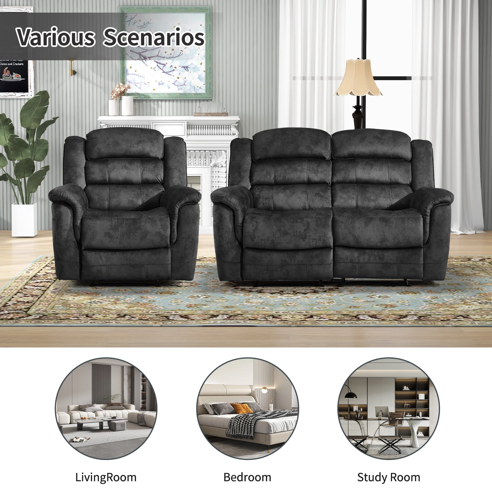 Bonzy Home Recliner Sofa Set – Cloth Reclining Living Room Furniture Set with Single Recliner Chair & Loveseat Gray