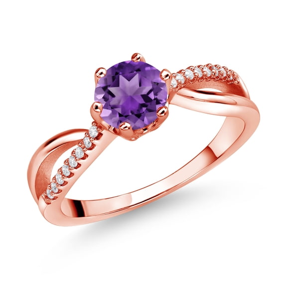 Gem Stone King 18K Rose Gold Plated Silver Ring Round Amethyst and Moissanite (1.08 Cttw) (Size 5)