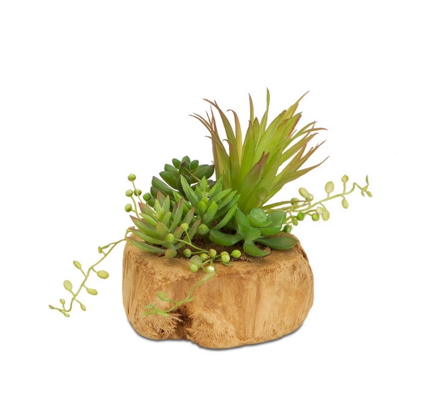 4-Inch tall Brown Driftwood Planter Pot with Green Artificial Succulent Plants 