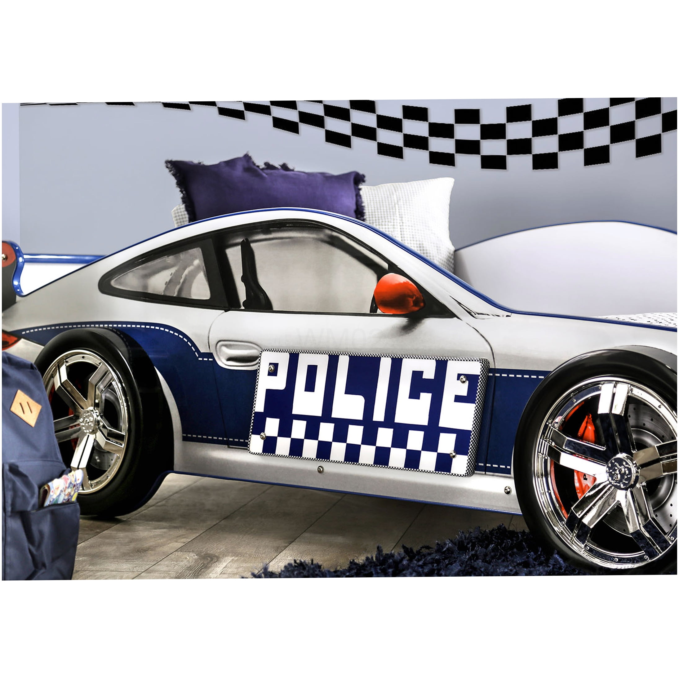 Modern Police Car Twin Bed with LED Lights, High Gloss Metal Frame for Enhanced Stability