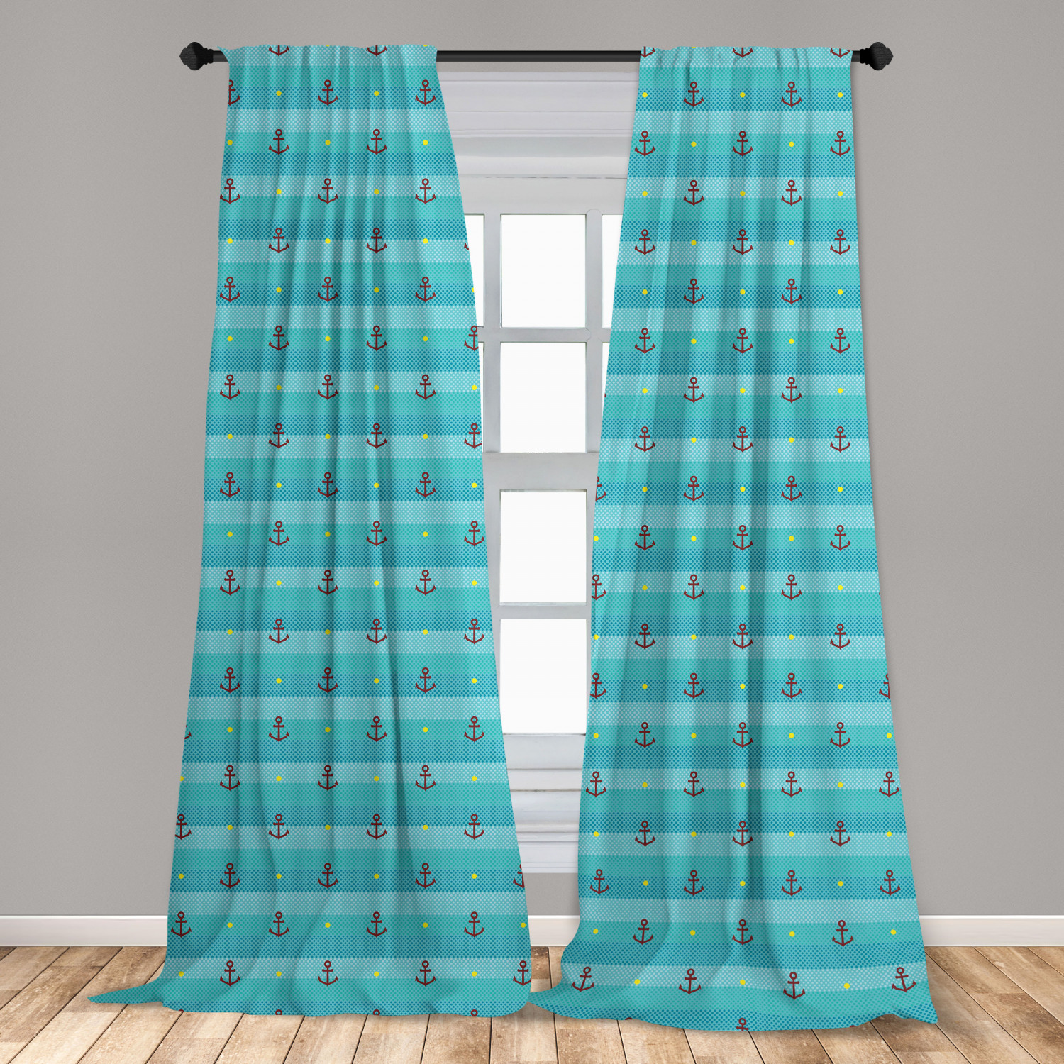 Aqua Curtains 2 Panels Set, Nautical Pattern with Halftone Dotted Sea