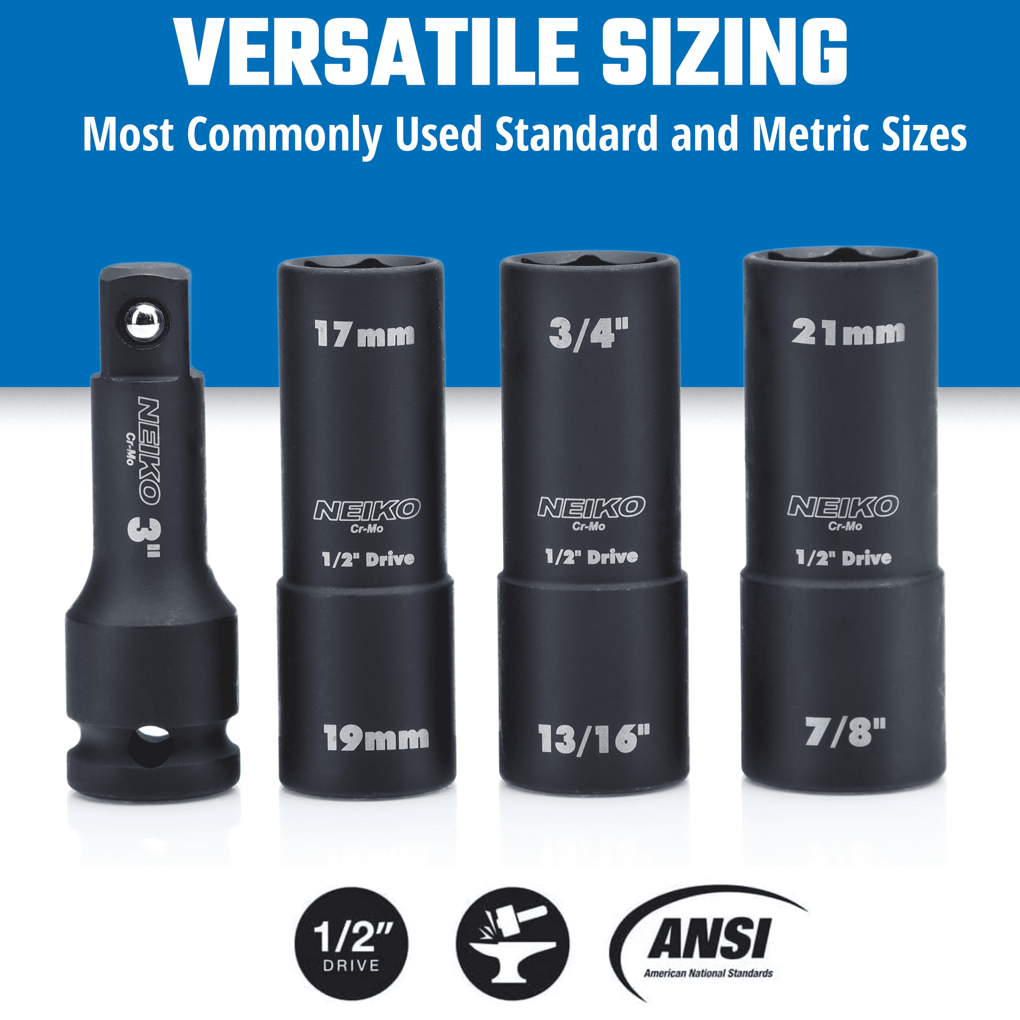 NEIKO 02281B 1/2" Drive Impact Flip Socket Set, Thin Wall Socket, 4 Piece Lug Nut Impact Socket Set, SAE and MM, 3” Extension Bar, Cr-Mo Steel, Impact Lug Nut Socket Set