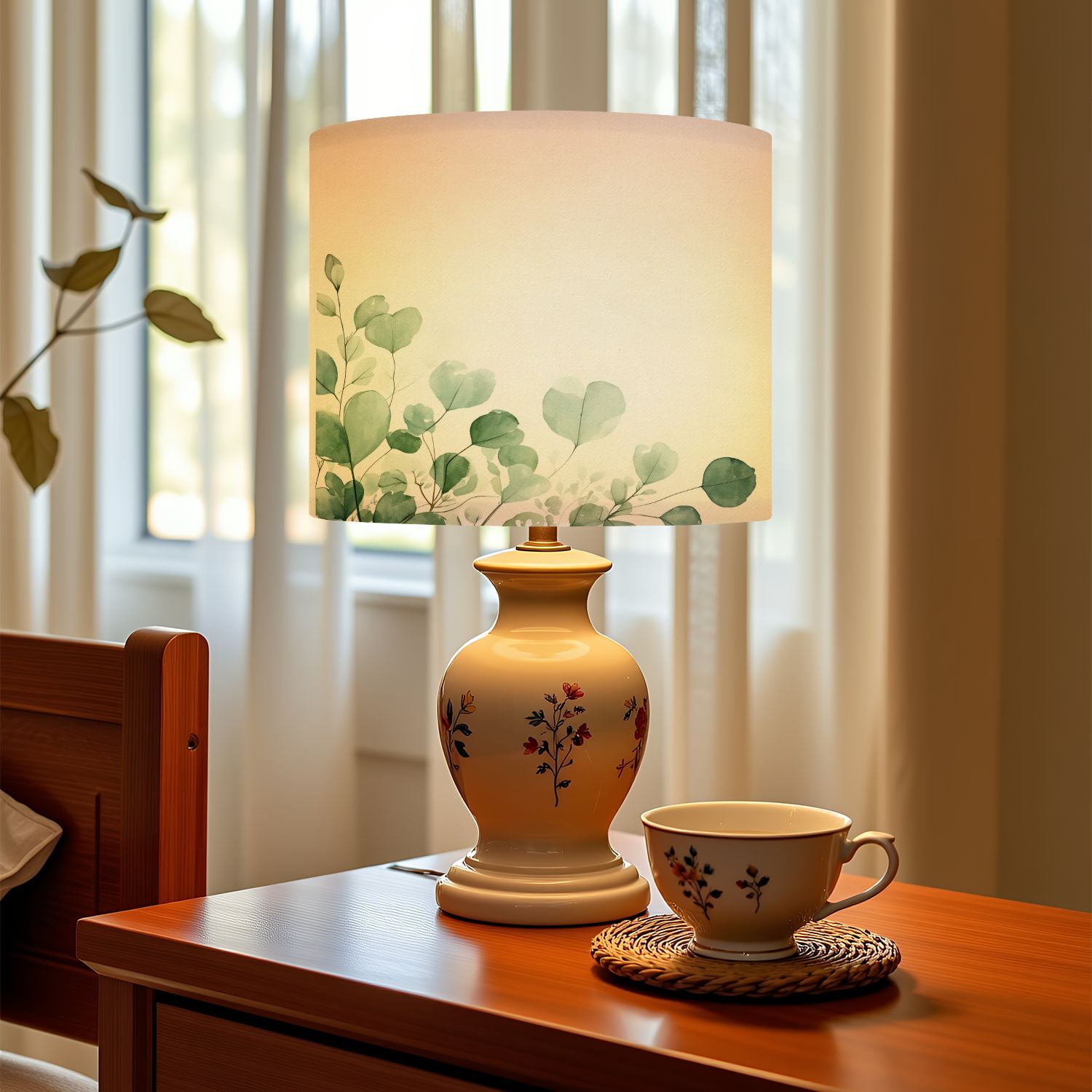 Linen Drum Lampshades Rustic sage green eucalyptus design Trendy floral design Natural 13"x13"x10" Light Shade for Table Lamps Floor Lamps Drum Lamp Shades Lampshade Replacement Assembly Required