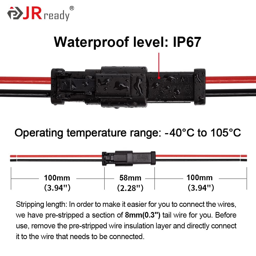 JRready 6 Sets 2 Pin DT Deutsch Connector Kit with 16# Contacts, Car Waterproof Wire Connectors with 24pcs Butt Connector, 14AWG Wire Connector for Motorcycle, Car, Boat