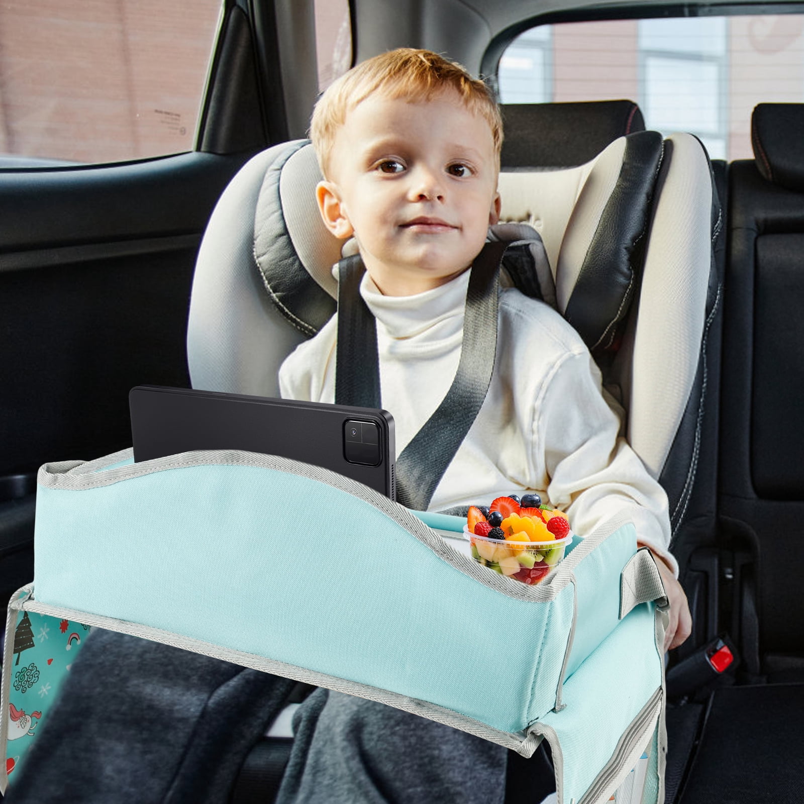 Carseat Table Tray for Kids Polyester Made Portable Drawing Board with Padded Shoulder Strap for Road Trip Activities