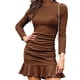 thumbnail image 1 of Vestido corto de cóctel fruncido ajustado, elegante, de manga larga y cruzado para mujer, 1 of 6