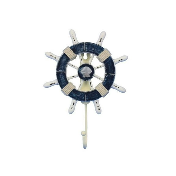 Handcrafted Nautical Decor Rustic Dark Blue and White Decorative Ship Wheel with Seashell with Hook 6" - W