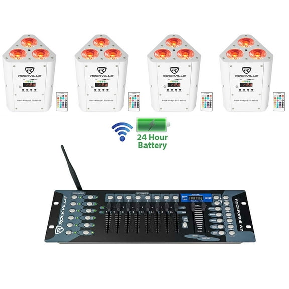 (4) Rockville RockWedge LED White Battery Powered Lights Wireless DMX Controller