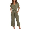 thumbnail image 2 of Seyurigaoka Women Summer V-neck Belted Jumpsuit, Solid Color Front Button Short Sleeve Siamese Trousers Wide Leg Ninth Pants with Pocket, 2 of 7