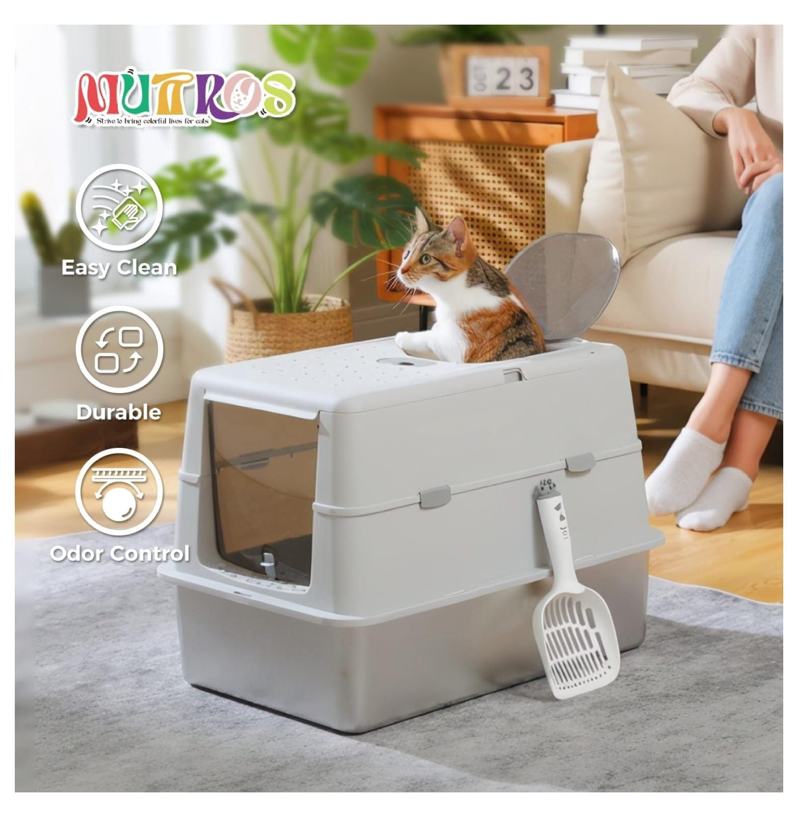 Extra Large Stainless Steel Litter Box with Lid & Odor Control, 3-in-1 Cat Litter Box with High-Sided for Big Cats & Multi-Cats, Non-Stick Metal Pan, Front Entry Top Exit, Includes , Grey