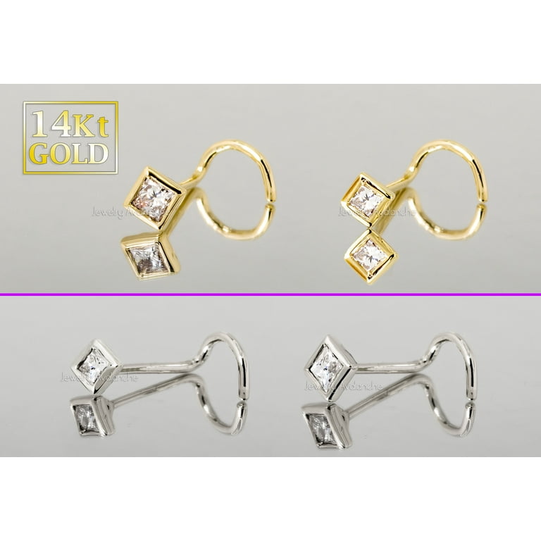 22G 14K White Gold Cork Screw Nose Stud Bezel Set 0.05ct Princess