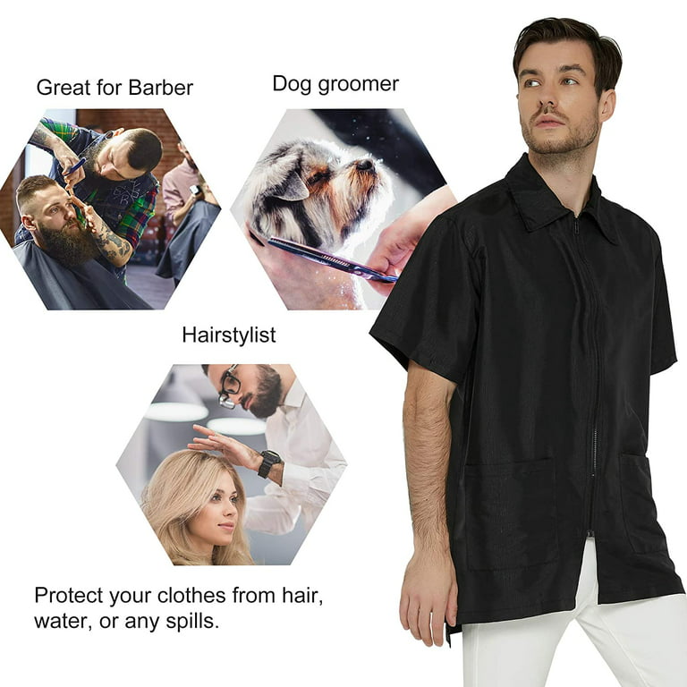 Barber Jacket for Men, Hair Stylist Grooming Smock Vest Shirt, Black, Size: Chest 47- Hip 48-Length 32