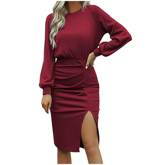 Fesfesfes Women Dress Fall Solid Causal Round Neck Long Sleeve Vacation Split Dress Clothes Sale