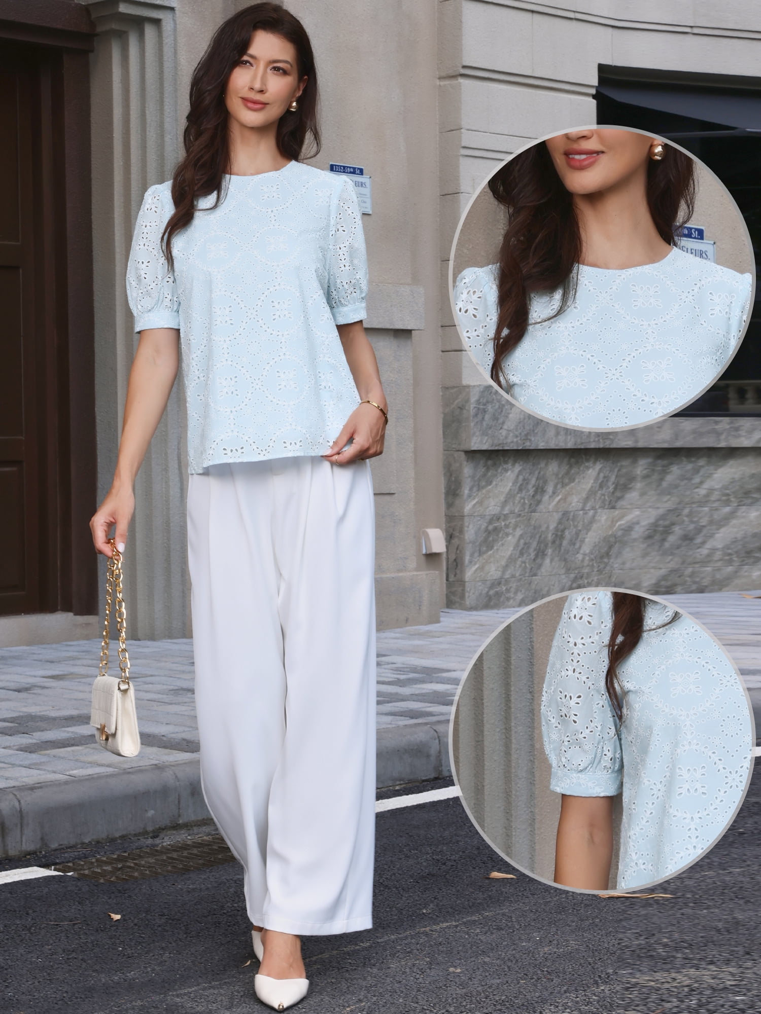 DARING DIVA Women's Tops Puff Short Sleeve Crew Neck Eyelet Hollow Out Shirts XS Blue