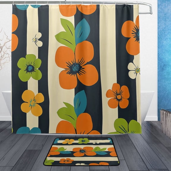 BZSMCE Shower Curtain and Bath Accessory Set,Colorful Floral Stripes Pattern