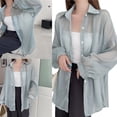 thumbnail image 2 of Women Lapel Button Down Long Sleeve Shoulder Sheer Mesh Blouses Shirt Top Long Sleeve Cardigan Outwear Daily Wear, 2 of 8
