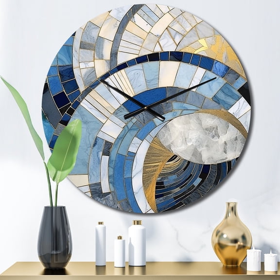 Designart "Constructing Blue Realms in Blue and Gold I" Abstract Shapes Oversized Wall Clock