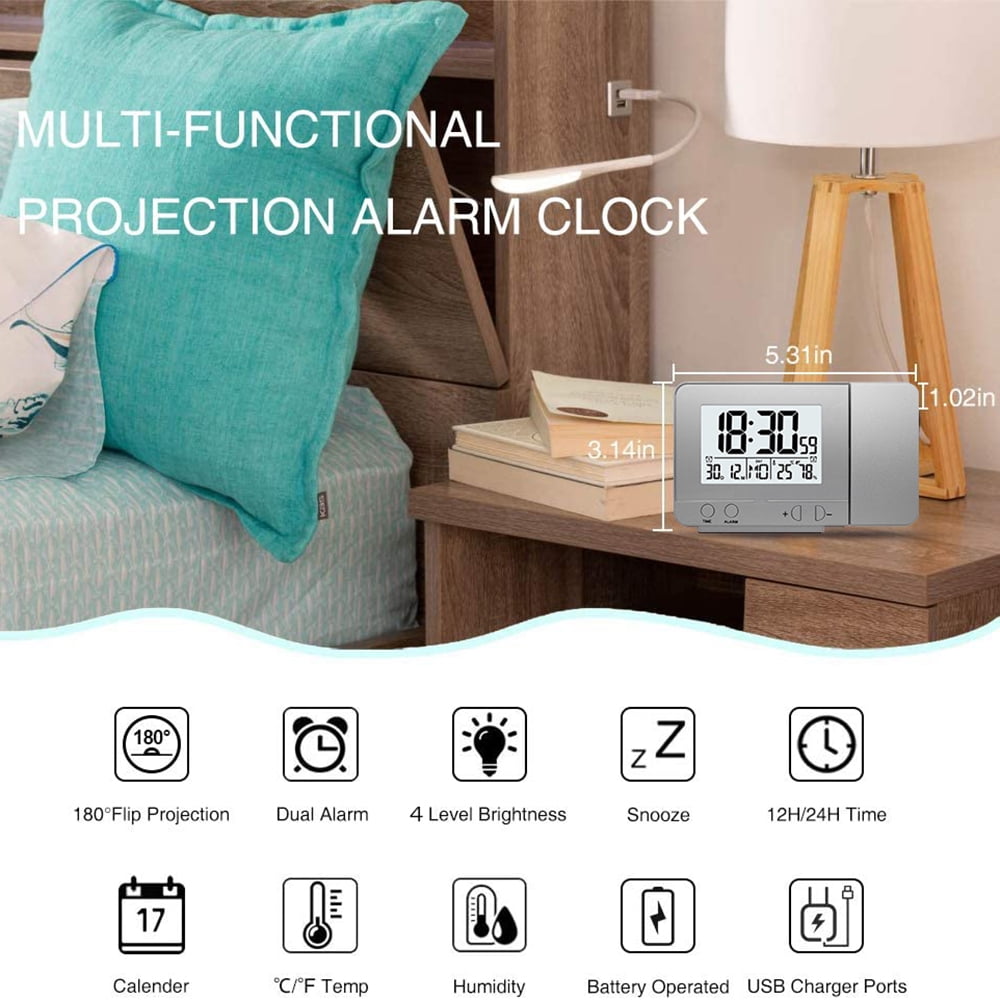 Projection Alarm Clock For Bedroom With Thermometer Hygrometer Digital Project Ceiling Clock Dimmable Led Display With Usb 180°Rotable With Dual Alarms 12/24H Snooze