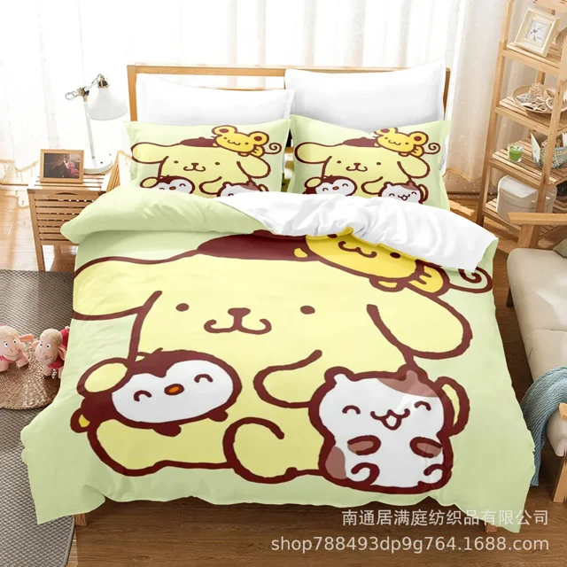 Sanrio Digital Printing HelloKitt Pudding Dog Cartoon Style Quilt Cover Bedding Three-piece Set Two-dimensional Home Furnishing WT