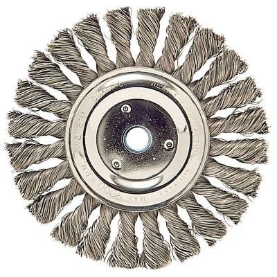 

Cable Twist Knot Wire Wheel 4 in dia x 1/4 in W 0.020 in Stainless Steel Wire 20000 RPM | Bundle of 5 Each