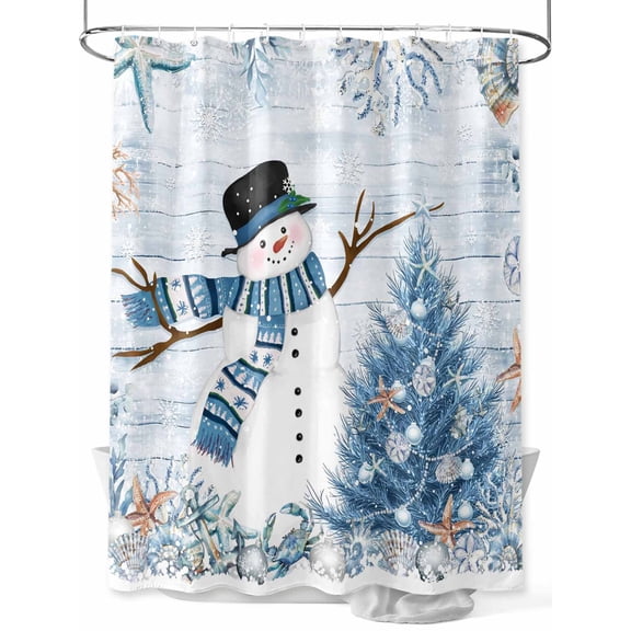 Coastal Christmas Small Stall Shower Curtain, Waterproof Shower Curtains for Bathroom, Beach Coral Snowman Xmas Tree Blue Wood Washable Fabric Cloth Bath Curtain for Bathtub with Hooks 36x78 Inches