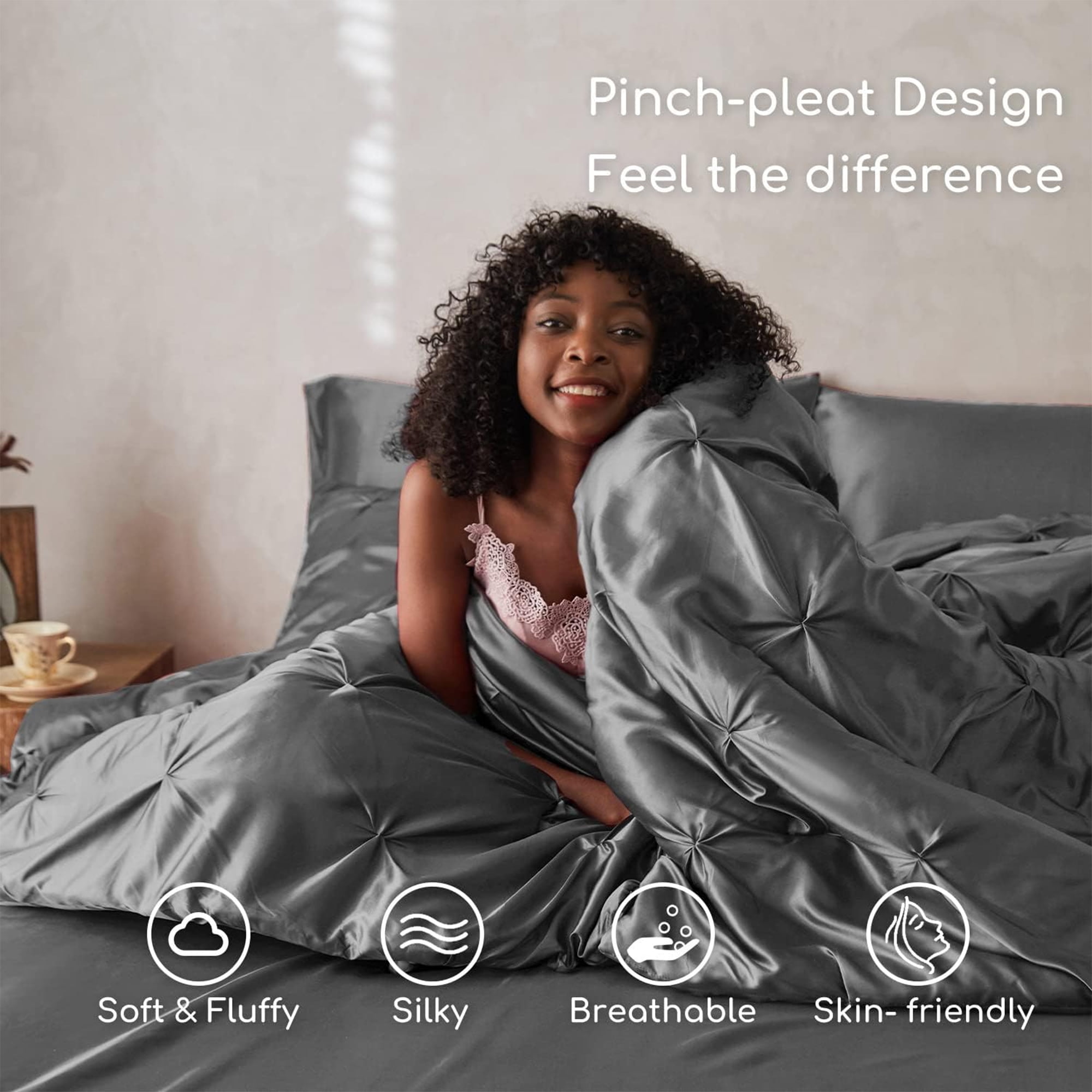 MR&HM Satin Comforter Set 7 Pieces Queen Size - Luxurious Pinch Pleat Bed in a Bag with Satin Comforter, Satin Sheets, Satin Pillowcases & Shams, Silky Soft Bedding Set for All Seasons (Dark Grey)