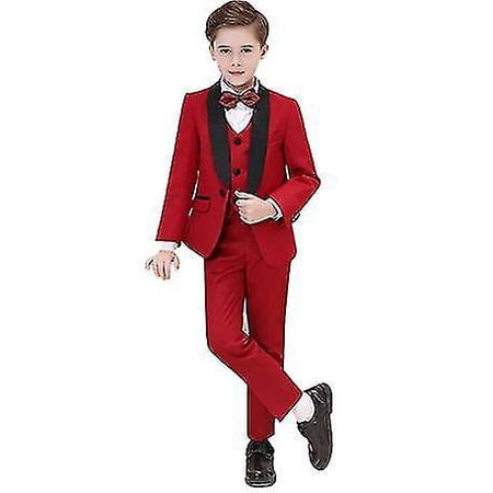 Boys' Black Formal Suit(white dot)  4 piece Dresswear suit set with jacket,shirt,vest and pants