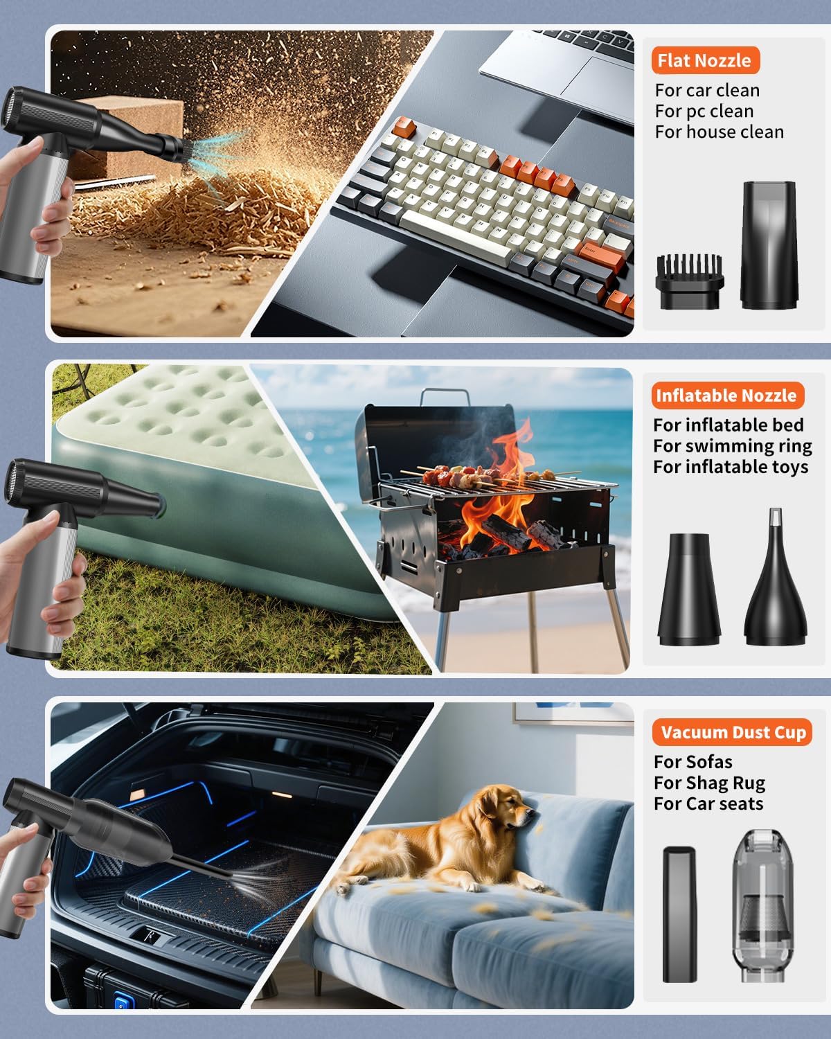MUSICOZY Compressed Air Duster,2-in-1 Duster Blower&Vacuum with 320000RPM Super Power,Electric Air Duster Rechargeable,3-Gear Adjustable Air Blower for Keyboard, Computer,Car Home Outdoor Cleaning