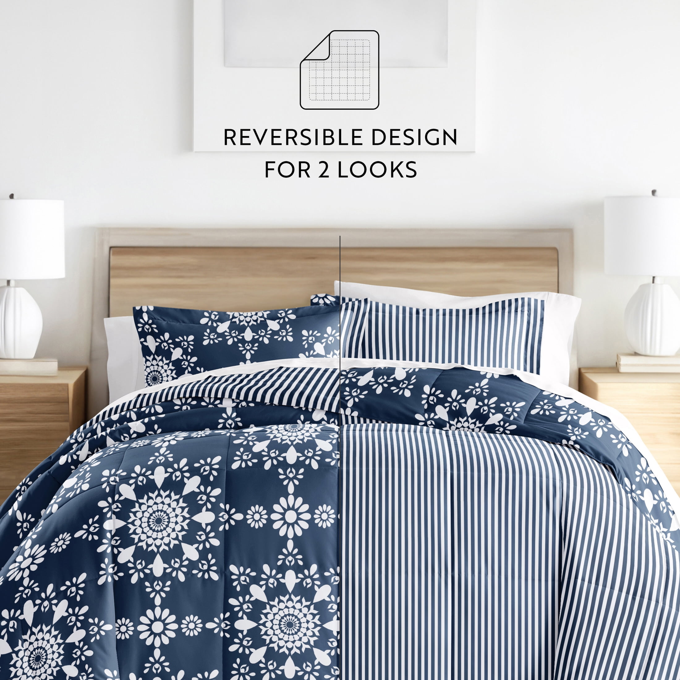 Noble Linens 3-Piece Navy Daisy Medallion Reversible Print Comforter Set, Full/Queen