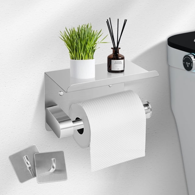 Porta Rollos Papel de Baño, Acero Inoxidable 304 con Estante para Teléfono, Instalación sin Taladro, Soporte Ideal - Plata