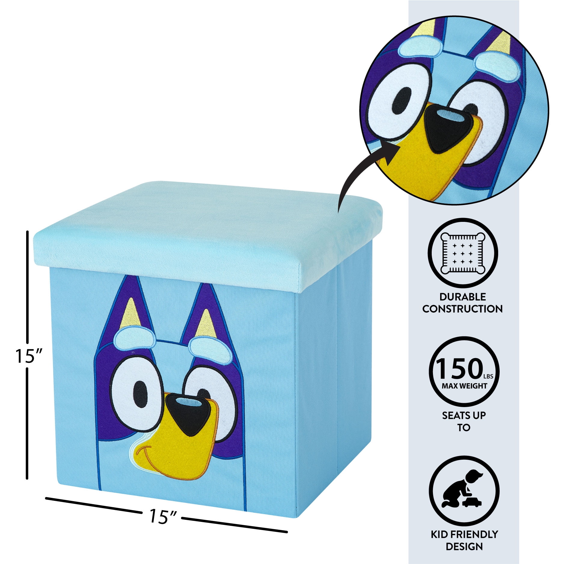 Bluey Kids' Storage Ottoman, Blue, 15" x 15" x 15"