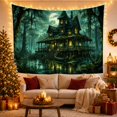 thumbnail image 2 of Towered House Above Swamp Water with a Moonlit Boat, Eerie Gothic for Dark Art Lovers, Wetland Home Decor, Halloween Gift, Tapestry Wall Hanging for Bedroom and Den, 2 of 6