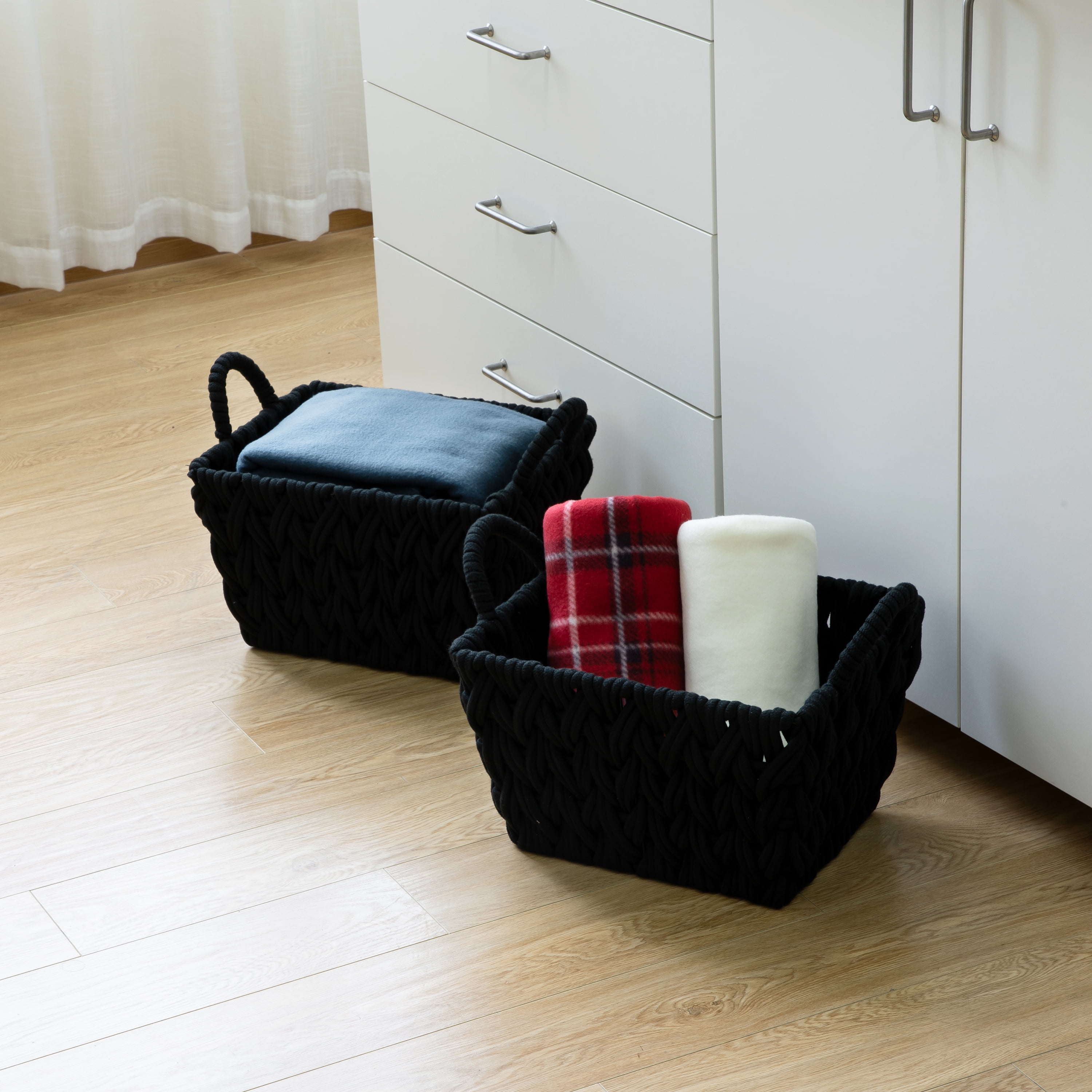 Better Homes & Gardens Medium Black Woven Rope Decorative Storage Basket, 2 Pack