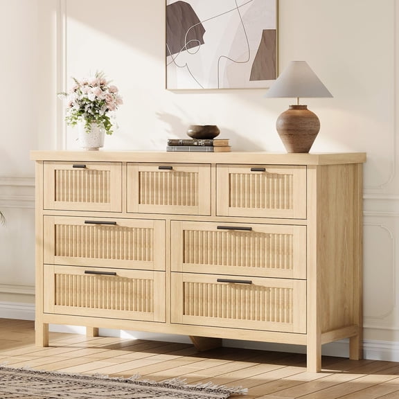 Fluted Dresser for Bedroom with 7 Drawers, 47.4 in Wide Chest of Drawers with Large Clothes Storage Cabinet, Wood Fluted Dresser, TV Stand for Bedroom, Nursery, Living Room, Hallway