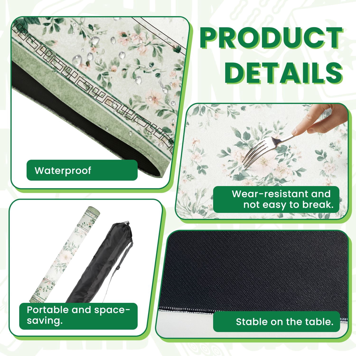 Mahjong Mat 31.5" x 31.5" Floral Green Accents Soft Pink Flowers Non-Slip Noise Reduction American Mahjong Tiles Table Cover for Dominoes Poker Card Board Games Gift
